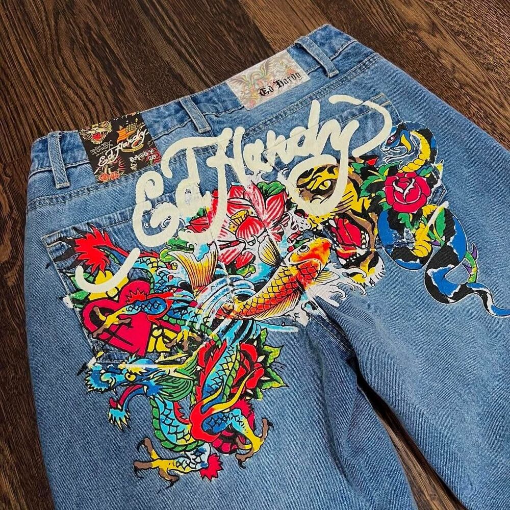 ed hardy light wash wide leg tattoo snake dragon denim baggy jeans size 30